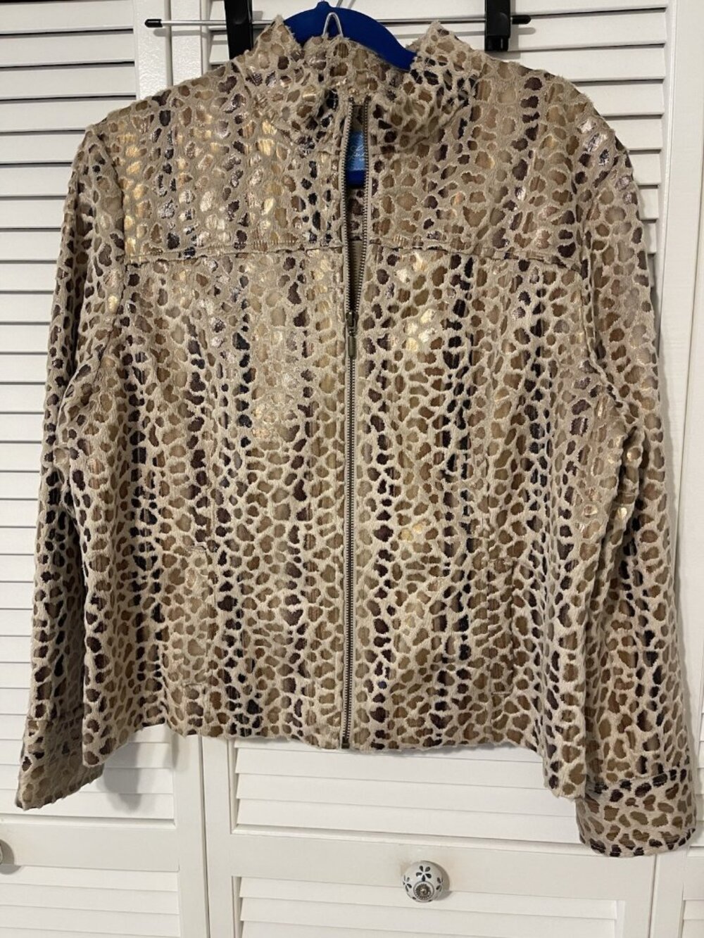 Lark Lane Women's Leopard Animal Print Full Zip Jacket w/ Pockets Beige Brown